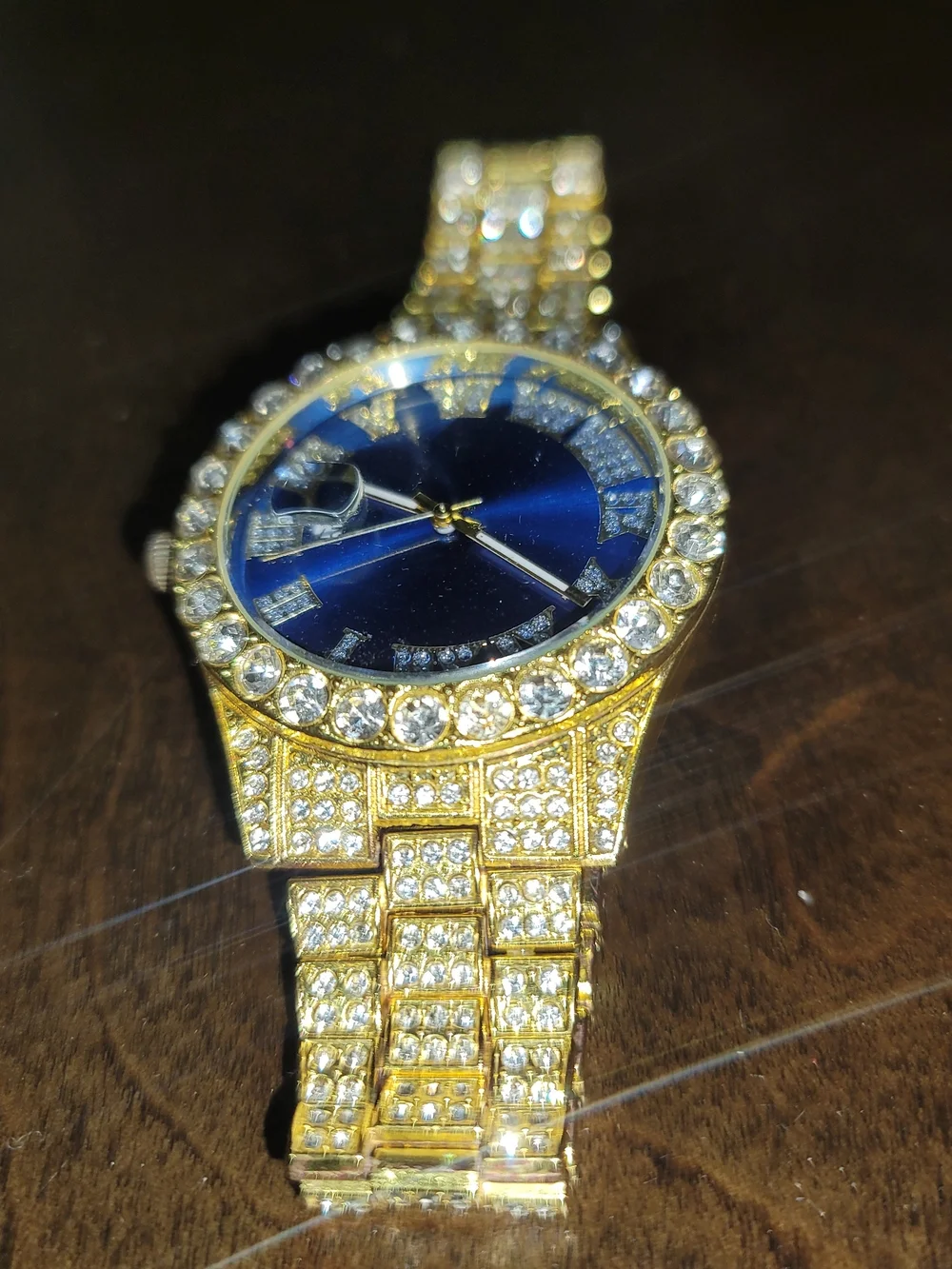 Gold-Tone Men's Dress Watch with Blue Dial and Crystal Accents